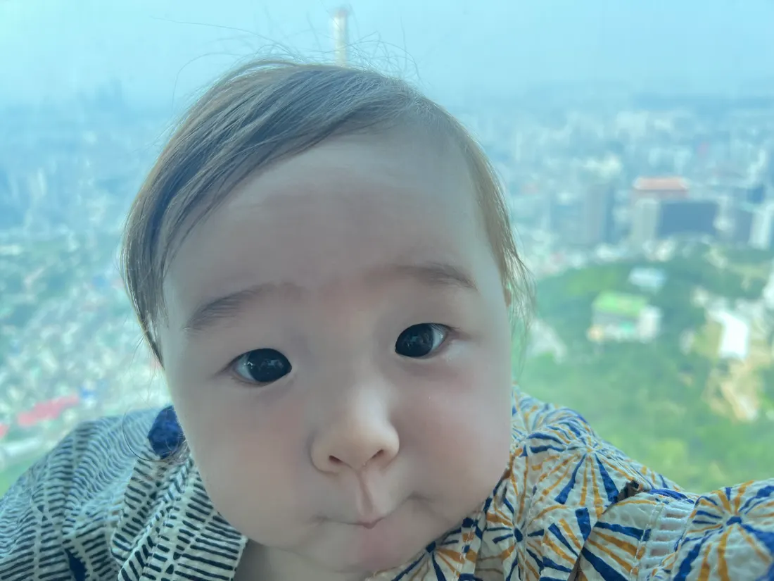 Amadeus at six months, face close to the camera, with a hazy city view far below him in Korea